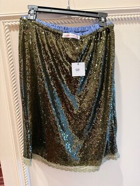 Hand Over Olive Sequin Midi Skirt with Lace Trim